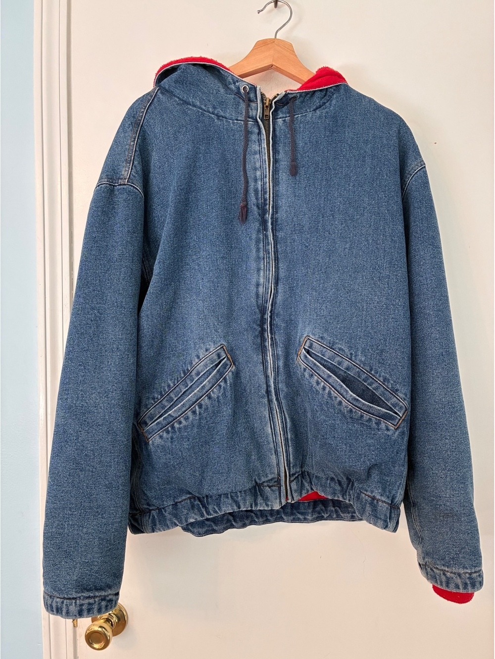 Vintage Guide Gear Denim Hooded Work Jacket Red Lined Men’s Large